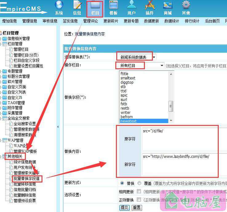 帝国cms批量替换信息内容