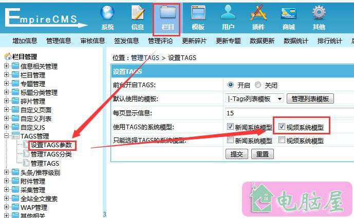 帝国cms自定义系统模型的选项设置中没有TAGS的解决方法